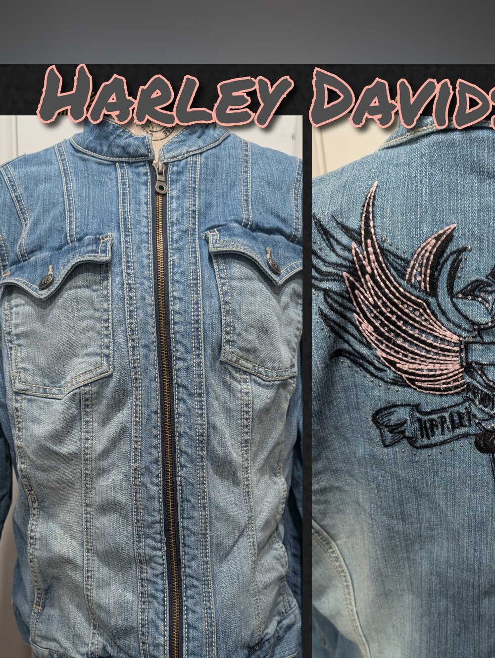 Harley-Davidson Light Blue Denim Jacket with Pink Wing Embroidery